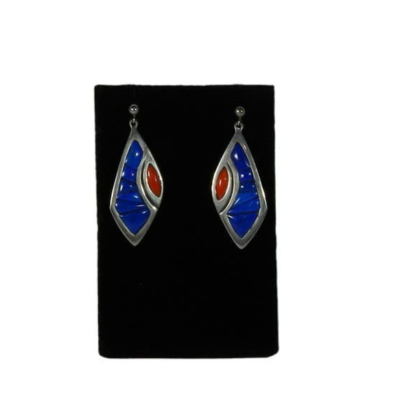 Sterling Silver and Lapis + Coral Inlay Earrings Signed "IVERSON"S" - Picture 3 of 10
